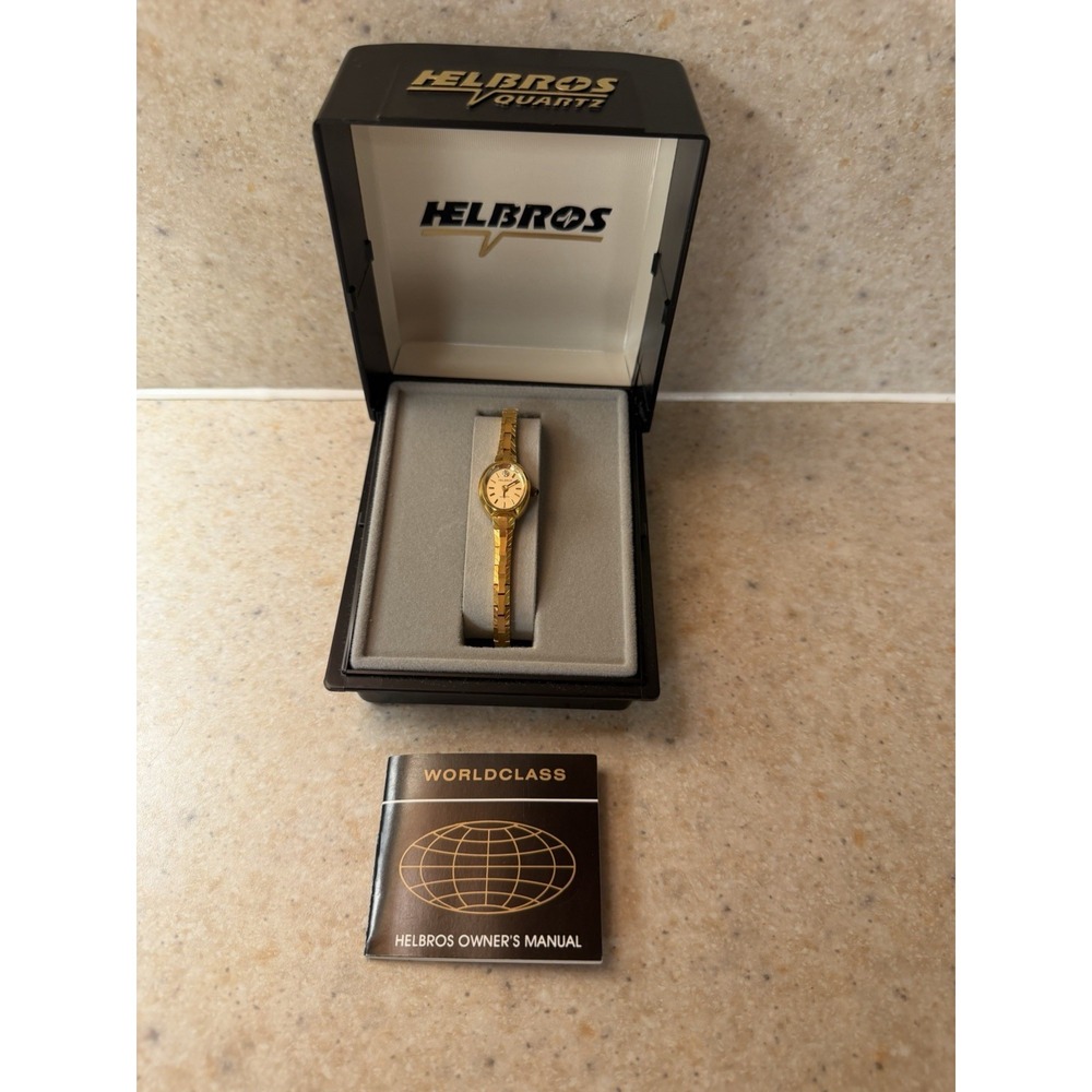 Vintage Helbros 9837CH Ladies Quartz Watch Diamond Dial Gold Tone Box Manual